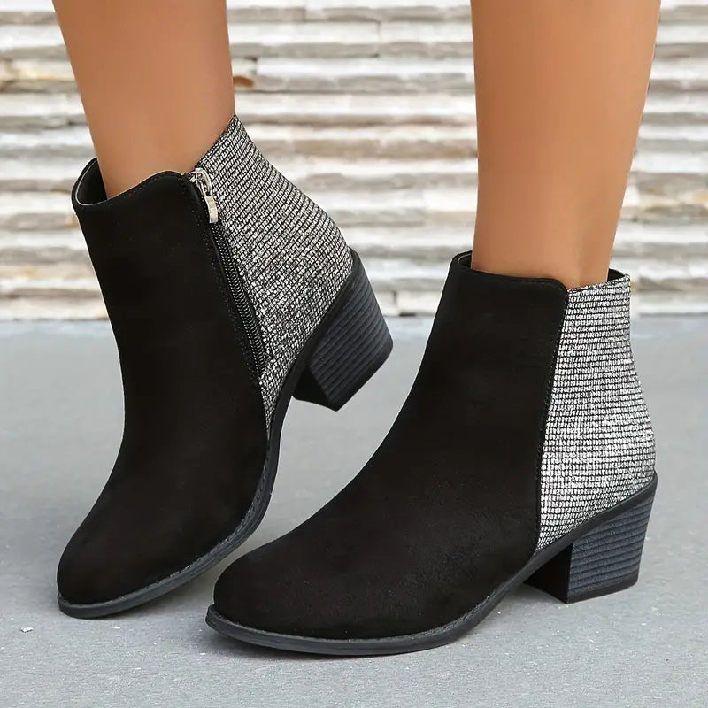 NILOFER™ SHINY ORTHOPEDIC RHINESTONE STITCHING ANKLE BOOTS