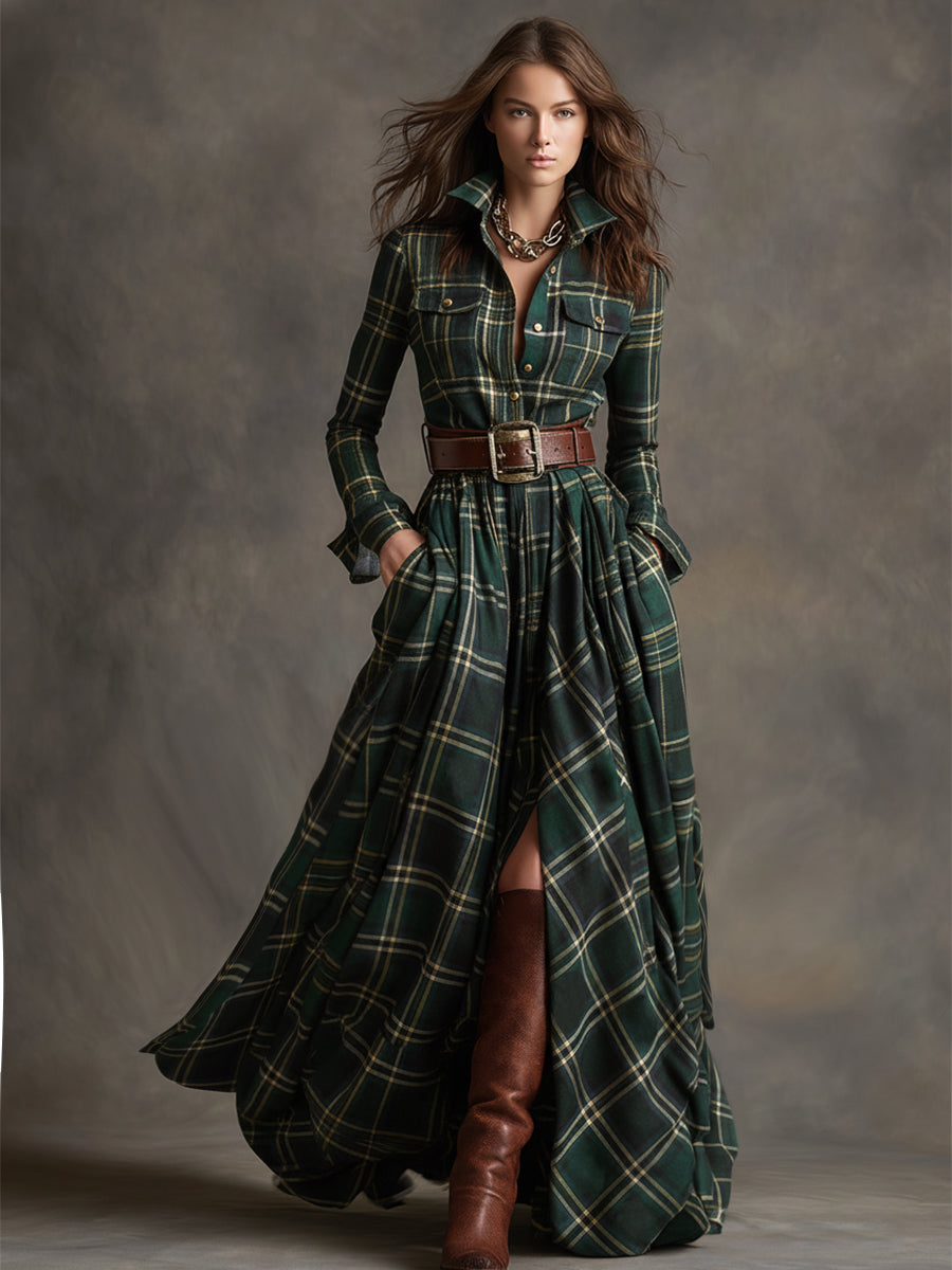 Monica | Brown Plaid Maxi Dress (With Belt)