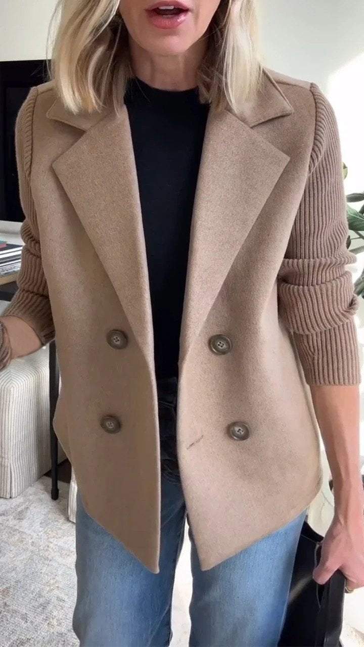 Grace - Elegant Solid Turn-Down Collar Knit-Sleeve Blazer
