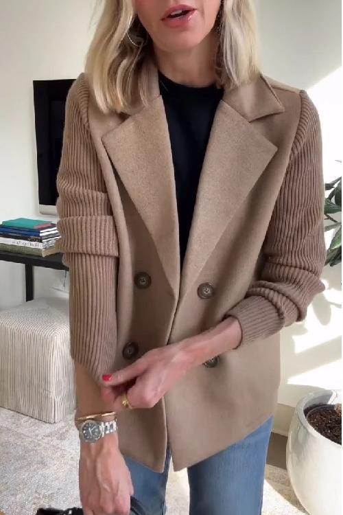 Grace - Elegant Solid Turn-Down Collar Knit-Sleeve Blazer