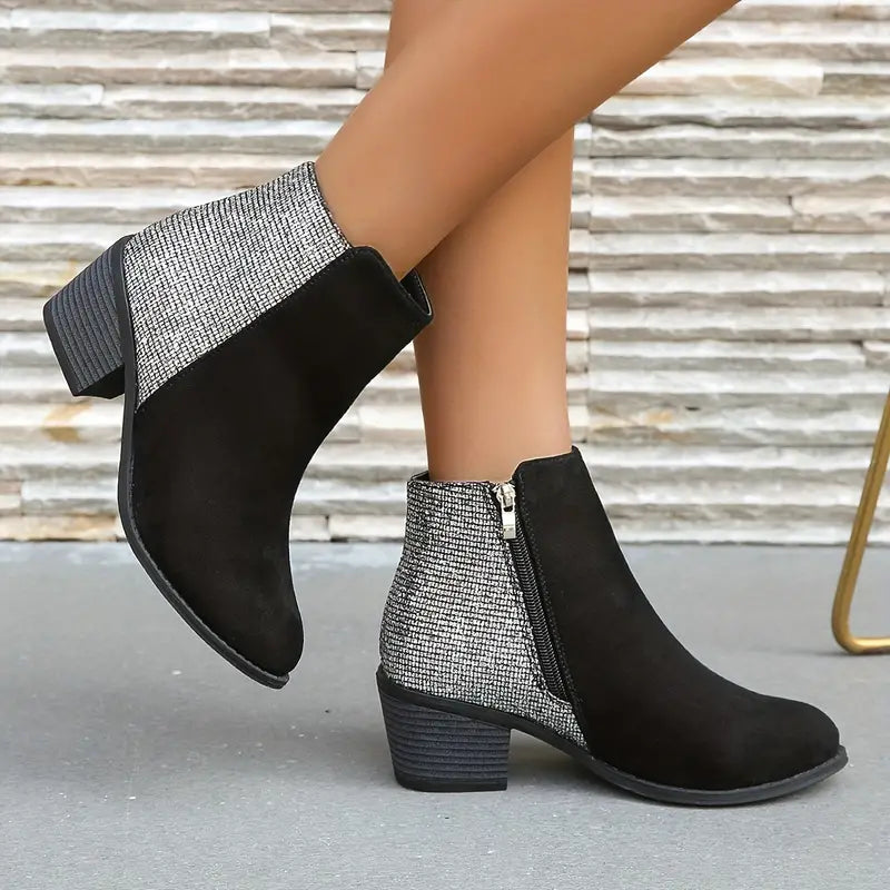 NILOFER™ SHINY ORTHOPEDIC RHINESTONE STITCHING ANKLE BOOTS